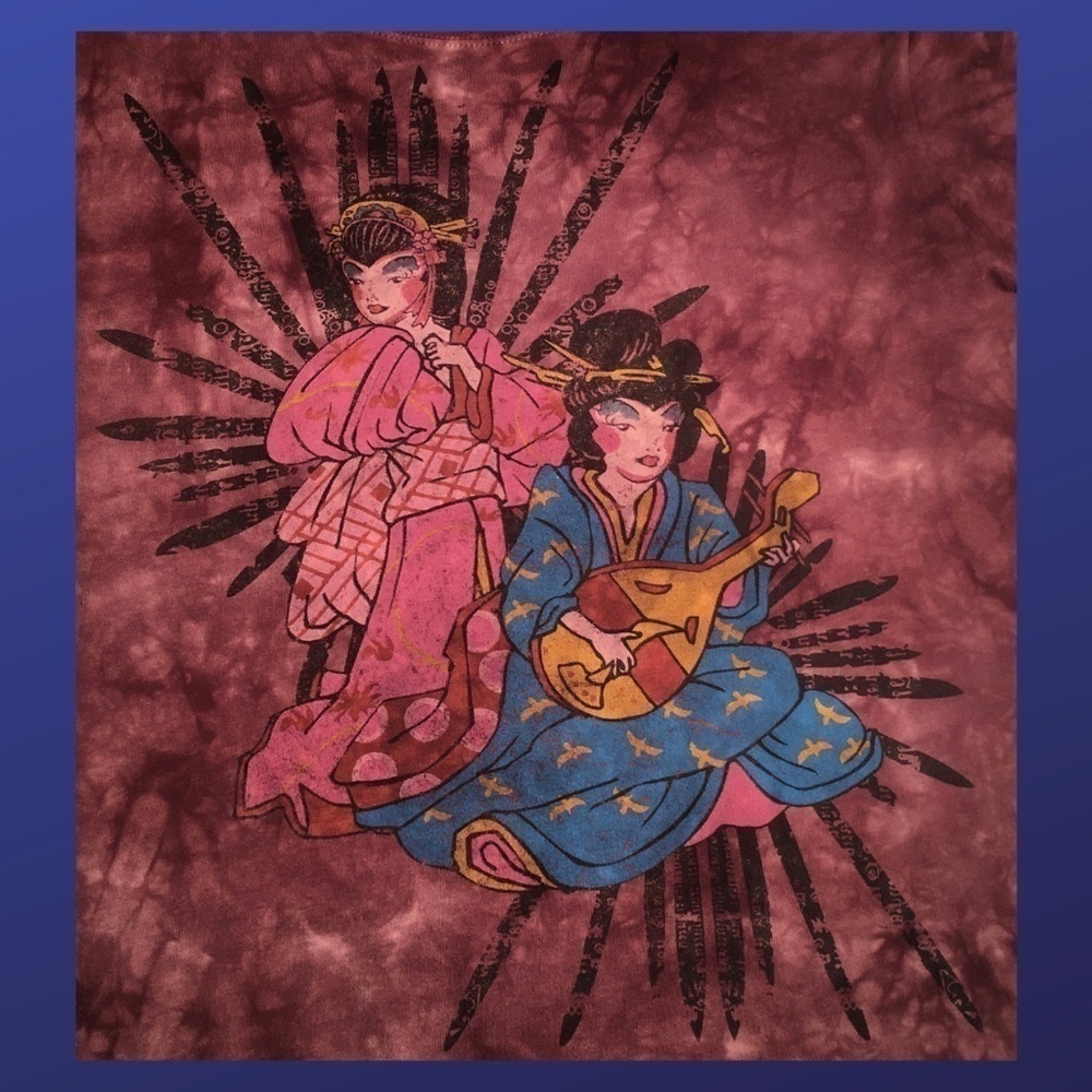 L.O.L. Brand TWO GEISHAS Tee Top, MAROON ACID WASH/MULTI, Women’s Size XXL, EUC